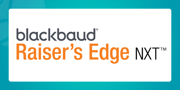 The words “Blackbaud Raiser’s Edge NXT™” on a white background with a blue border.