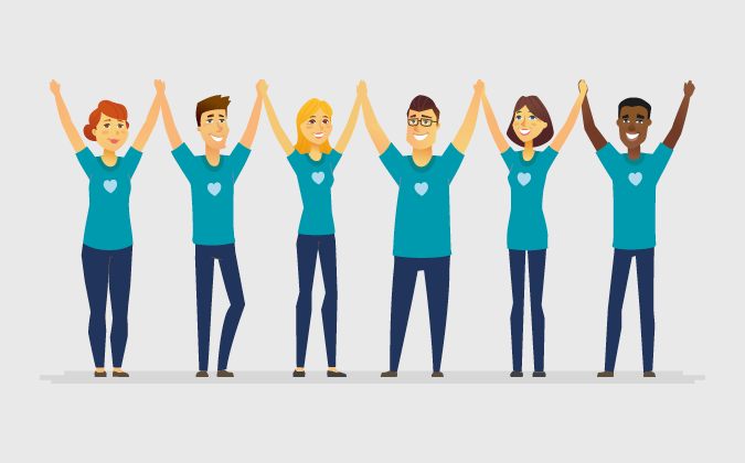 Group holding hands in the air