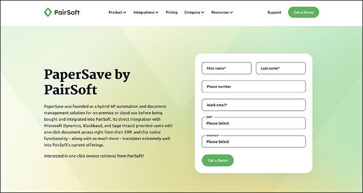 Screenshot of the PaperSave page on Pairsoft’s website