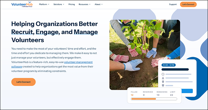 Screenshot of VolunteerHub’s homepage