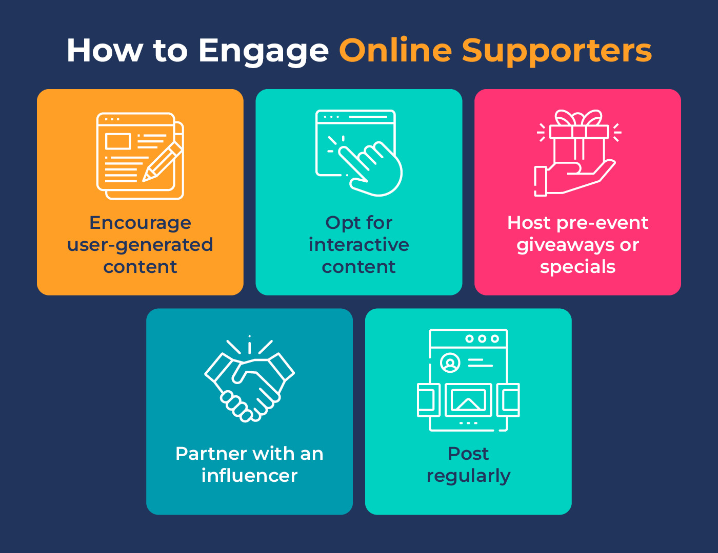 This image shows five ways you can maximize online supporter engagement for silent auctions, which are all briefly explained in the text below.