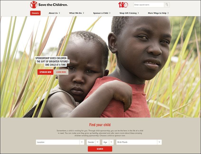 The intuitive search features of Save the Children's sponsorship page makes it a great nonprofit website.