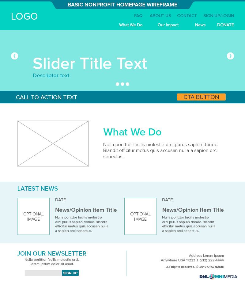 This sample wireframe shows you how a nonprofit web designer might begin to structure your new website.