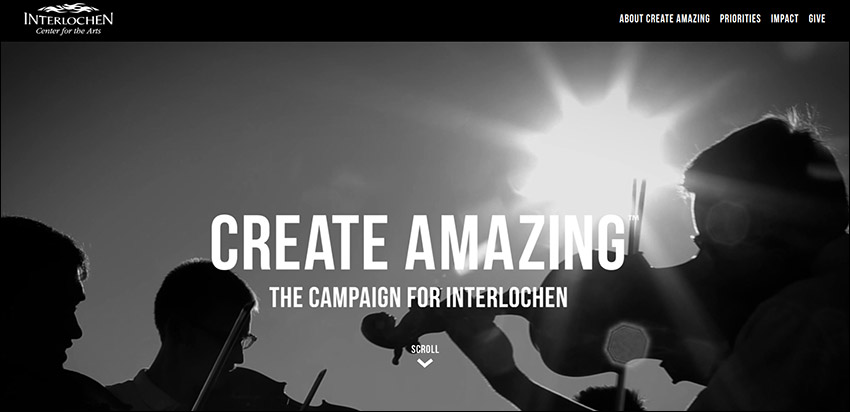 The landing page for Interlochen Center for the Arts' Create Amazing campaign site uses dynamic visuals to capture visitors' attention.