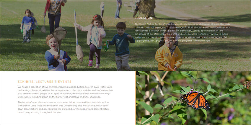 The Darien Nature Center's homepage showcases their upcoming events and programs without overwhelming nonprofit site visitors.