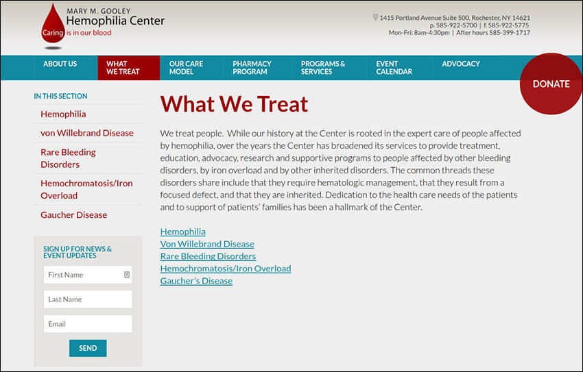 Because the Hemophilia Center focuses on education as well as treatment, their top nonprofit site provides a plethora of resources.