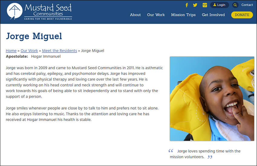This nonprofit website lets users interact with the Mustard Seed cause in a unique way on the Meet the Residents page.